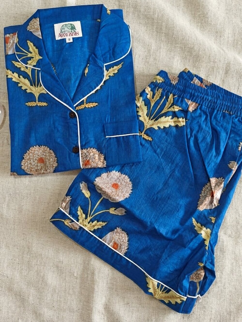 Blue Floral Hand Block Print Cotton Short Set, Indian Hand Block Printed PJ Set